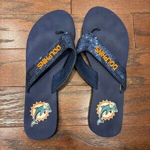 NFL Miami Dolphins Sequin Logo Embroidered Women's Flip Flops Navy Blue